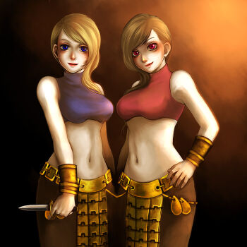 2girls armlet bare_shoulders belt blonde_hair blue_eyes brown_hair celia dagger final_fantasy final_fantasy_tactics hand_on_own_hip hip_focus jewelry knife lettie long_hair midriff multiple_girls navel pavlova red_eyes weapon