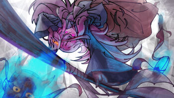 1girl blue_shirt bow expressionless floating_mask glowing glowing_eyes hata_no_kokoro highres holding holding_mask holding_staff long_hair long_skirt long_sleeves mask oni_mask pink_bow pink_eyes pink_hair red_skirt shirt skirt solo staff tenx2_1341 touhou upside-down wide_sleeves