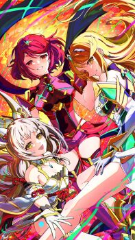 3girls breasts large_breasts milo_monzon multiple_girls mythra_(xenoblade) nia_(blade)_(xenoblade) nia_(xenoblade) pyra_(xenoblade) small_breasts xenoblade_chronicles_(series) xenoblade_chronicles_2