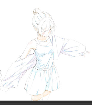 1girl blush breasts camisole closed_eyes color_trace commentary_request dressing hair_bun highres jacket original papiyon1297 sketch skirt small_breasts solo