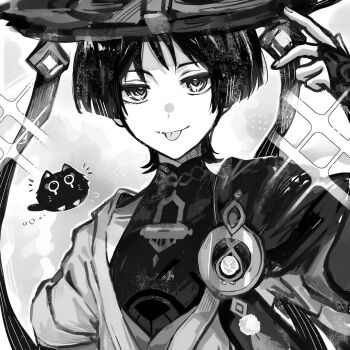 1boy :p anemo_symbol_(genshin_impact) animalization arm_at_side bishie_sparkle blunt_ends bodysuit c_ixxp cape commentary covered_collarbone eyeliner eyeshadow fingernails gem genshin_impact greyscale half-closed_eyes hand_up hat japanese_clothes jingasa juban kimono looking_at_viewer makeup male_focus mandarin_collar monochrome open_clothes open_kimono person_and_animalization portrait scaramouche_(cat)_(genshin_impact) scaramouche_(genshin_impact) short_sleeves shoulder_peek solo symbol-only_commentary tongue tongue_out vision_(genshin_impact) wanderer_(genshin_impact) white_background wispy_bangs