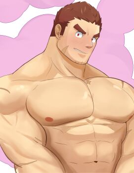 1boy abs absurdres bara blush brown_hair facial_hair facial_scar goatee highres huge_pectorals konpei_daidai large_pectorals looking_at_viewer male_focus multiple_scars muscular muscular_male navel nipples nude pectorals pink_background sanpaku scar scar_on_cheek scar_on_face solo strongman_waist stubble tamamura_gunzo tareme thick_eyebrows tokyo_houkago_summoners upper_body v-shaped_eyebrows v_arms