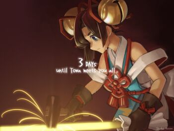 1girl absurdres artist_name back_bow bandai_namco bare_arms bare_shoulders bell black_sleeves blacksmith blue_eyes blunt_sidelocks bow commentary_request countdown_illustration english_text expressionless flower_knot hair_bell hair_ornament hair_ribbon highres holding holding_mallet holding_rod impasto jingle_bell juban large_bow looking_at_object mallet nomura_shuhei official_alternate_costume official_art profile red_background red_ribbon ribbon rod second-party_source short_eyebrows short_hair sidelocks signature simple_background single_hair_intake solo sweat sweatdrop thick_eyebrows towa_(towa_and_the_guardians_of_the_sacred_tree) towa_and_the_guardians_of_the_sacred_tree two-sided_bow working