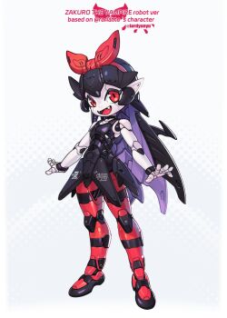 1girl :d black_dress black_hair borrowed_character dress fangs full_body hair_ribbon highres joints long_hair looking_at_viewer lordyanyu mechanical_hair mechanization open_mouth original pale_skin pantyhose pointy_ears red_eyes ribbon robot_girl robot_joints smile solo standing striped_clothes striped_pantyhose vampire very_long_hair zakuro_(rariatto)