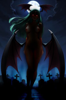 1girl bat_wings beobachter capcom cloud cross darkstalkers demon_girl full_moon glowing glowing_eyes graveyard head_wings long_hair looking_at_viewer moon morrigan_aensland night night_sky nude red_eyes sky smile solo wings