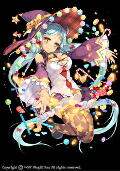 Rule 34 | 1girl, argyle clothes, artist name, black background, blue hair, breasts, brown thighhighs, candy, candy cane, capelet, cleavage, dated, detached sleeves, food, full body, grey hair, gummy candy, hands on own legs, hat, hat ornament, highres, karpin, konpeitou, lollipop, long hair, medium breasts, miniskirt, official art, pink eyes, plaid hat, purple skirt, sid story, skirt, star (symbol), star print, thighhighs, twintails, very long hair, wide sleeves, witch hat