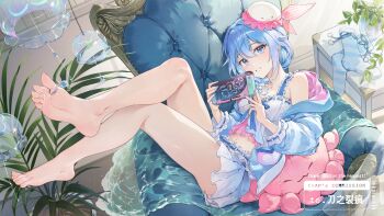 1girl barefoot blue_eyes blue_hair chap_sal_! feet haiyi highres light_blush long_hair looking_at_viewer nail_polish nintendo_switch off_shoulder parted_lips socks soles synthesizer_v toes unworn_socks