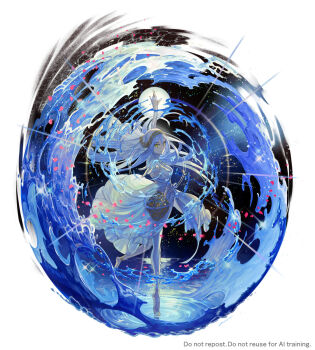 1girl amao_miyuki anklet azura_(fire_emblem) barefoot blue_hair closed_mouth dancing double-parted_bangs dress english_text falling_petals fire_emblem fire_emblem_fates floating_hair full_body full_moon hair_between_eyes highres jewelry long_hair moon nintendo petals solo standing standing_on_one_leg veil very_long_hair water white_dress white_veil yellow_eyes