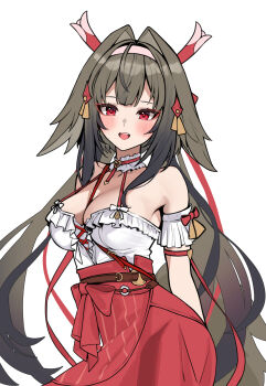 1girl animal_ears armband bare_shoulders blush bow breasts brown_hair cleavage collar collarbone commentary_request cross-laced_clothes cross-laced_top droopy_ears eyeliner frilled_armband frilled_collar frilled_shirt frills hair_ornament headband high-waist_skirt highres large_breasts long_hair long_skirt looking_at_viewer makeup matrix16 multicolored_hair official_alternate_costume open_mouth red_eyeliner red_eyes red_ribbon ribbon shirt simple_background skirt smile streaked_hair tail very_long_hair white_armband white_shirt ye_shunguang ye_shunguang_(touch_of_dawnlight) zenless_zone_zero