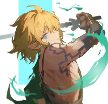 1boy ahoge armored_gloves blonde_hair blue_background blue_eyes border closed_mouth hair_between_eyes holding holding_sword holding_weapon link male_focus master_sword nintendo pointy_ears shin_ra_ra short_hair shoulder_tattoo solo swinging_weapon sword tattoo the_legend_of_zelda the_legend_of_zelda:_tears_of_the_kingdom upper_body weapon white_border