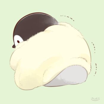 animal animal_focus bird commentary_request green_background mofupiyo motion_lines no_humans original penguin simple_background solo wrapped_in_blanket