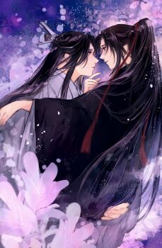 Rule 34 | 2boys, aki uzuzame, bishounen, black hair, black hanfu, carrying, carrying person, chinese clothes, closed mouth, commentary request, couple, eye contact, falling petals, flower, from side, hair ornament, hair ribbon, hand on another's ass, hand on another's chin, hand on another's shoulder, hanfu, headband, high ponytail, highres, hug, lan wangji, light particles, long hair, long sleeves, looking at another, male focus, modao zushi, multiple boys, petals, ponytail, profile, purple flower, purple theme, red ribbon, ribbon, robe, sidelocks, smile, tassel, tassel hair ornament, topknot, twitter username, very long hair, watermark, wei wuxian, white hanfu, white headband, wide sleeves, xiao guan (headdress), yaoi