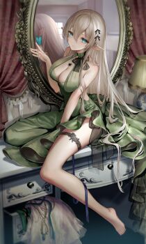 1girl aqua_eyes bare_shoulders barefoot black_bow black_gem black_ribbon blonde_hair blue_butterfly blue_ribbon blush bow breasts bug butterfly butterfly_on_hand choker cleavage closed_mouth collarbone commentary_request curtains desk_lamp dress elf eyelashes feet frown gem green_choker green_dress hair_between_eyes hair_ornament hair_ribbon hand_up hi-na1 indoors insect jewelry lamp large_breasts long_hair looking_at_viewer mirror necklace on_table original pointy_ears raised_eyebrows ribbon sidelocks sitting sleeveless sleeveless_dress solo table thigh_strap toes vanity_table very_long_hair
