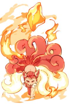 animal_focus evolution evolution_stone evolutionary_stone fire fire_stone fox gen_1_pokemon highres kitsune ninetales nintendo no_humans ohayou_milk orange_eyes orange_hair pokemon pokemon_(creature) red_eyes simple_background solo transformation vulpix walking white_background