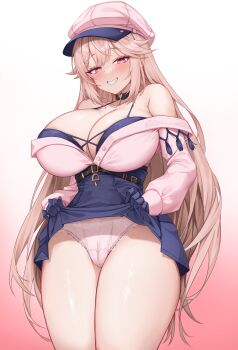 1girl absurdres bare_shoulders blue_bra blue_gloves blue_skirt blush bra breasts brown_hair clothes_lift commentary commission deogho_(liujinzy9854) english_commentary gloves gradient_background hat high-waist_skirt highres large_breasts long_hair long_sleeves looking_at_viewer off-shoulder_shirt off_shoulder original panties pink_background pink_eyes pink_hat pink_shirt shirt skirt skirt_lift smile solo underwear white_background white_panties