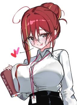 1girl absurdres ahoge akane_lize arm_at_side blush book bra_visible_through_clothes breast_press breasts button_gap closed_mouth collared_shirt dated_commentary glasses grey_eyes hair_bun hair_intakes hand_up heart highres holding holding_book huge_breasts lanyard licking_lips long_sidelocks long_sleeves looking_at_viewer mole mole_under_eye multicolored_hair office_lady red_hair red_pupils round_eyewear seductive_smile shirt sidelocks simple_background single_hair_bun slit_pupils smile solo stellive streaked_hair tongue tongue_out upper_body variant_set virtual_youtuber white_background white_shirt wing_collar yeomhwauranyum