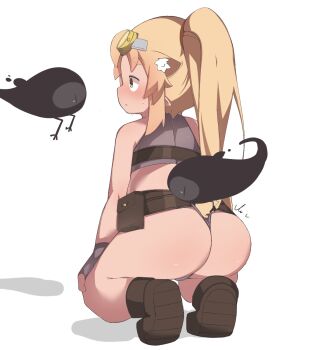 1girl animal_ear_fluff animal_ears ass belt creature goggles goggles_on_head highres kneeling long_hair lyanon orange_hair original ponytail simple_background tail wedgie white_background yellow_eyes