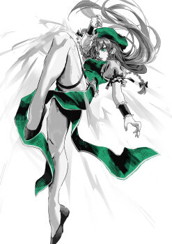 1girl absurdres black_shoes braid chinese_clothes commentary fighting_stance full_body green_eyes green_skirt green_vest hat hayaten highres hong_meiling knee_up legs long_hair no_socks parted_lips partially_colored shirt shoes short_sleeves skirt solo thigh_strap thighs touhou twin_braids vest white_shirt wrist_cuffs