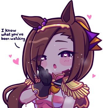 Rule 34 | 1girl, animal ears, aya chan1221, bakushin o armpit gif (meme), black gloves, blush, blush stickers, breasts, brown hair, chibi, commentary, english commentary, english text, epaulettes, gloves, gold hairband, hairband, heart, heart-shaped pupils, highres, horse ears, horse girl, large breasts, long hair, looking at viewer, meme, neckerchief, open mouth, ponytail, purple eyes, sakura bakushin o (blossom in learning) (umamusume), sakura bakushin o (umamusume), shirt, simple background, sleeveless, sleeveless shirt, solo, sweat, symbol-shaped pupils, symbol in eye, talking, umamusume, upper body, yellow neckerchief