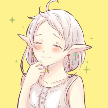 1girl ahoge alternate_costume blush closed_eyes closed_mouth collarbone commentary_request earrings elf floating_earrings jewelry kasakasako mushoku_tensei parted_bangs pointy_ears shirt short_hair simple_background sleeveless sleeveless_shirt smile solo sparkle sylphiette_(mushoku_tensei) upper_body white_hair white_shirt yellow_background