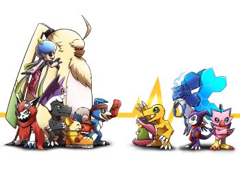 Rule 34 | absurdres, agumon, agumon (black), angoramon, belt, digimon, digimon (creature), eosmon adult, gaomon, gloves, hackmon (digimon), highres, impmon, jellyfish girl, jellymon, looking at another, monster girl, piyomon, shakomon, sharp teeth, shoemon, smile, teeth, tentacle hair, tentacles, tukaimon, watagashikn, wings