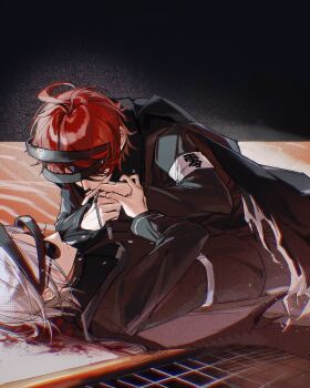 2boys absurdres ahoge aotsuki_eito armband baobing belt black_cape black_hair black_jacket blood blood_on_ground buttons cape chinese_commentary closed_mouth commentary_request film_grain highres jacket last_defense_academy_school_uniform long_sleeves lying male_focus multicolored_hair multiple_boys on_back red_hair school_uniform short_hair spoilers stab streaked_hair sumino_takumi sunglasses the_hundred_line_-last_defense_academy- two-tone_hair white_armband white_belt white_hair