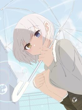 1girl bang_dream! bang_dream!_it&#039;s_mygo!!!!! blue_eyes blush brown_skirt commentary grey_jacket heterochromia highres holding holding_umbrella jacket kaname_raana looking_at_viewer melty_lubll parted_lips short_hair skirt solo transparent transparent_umbrella umbrella white_hair yellow_eyes
