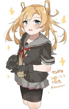 Rule 34 | 1girl, absurdres, abukuma (kancolle), abukuma kai ni (kancolle), bike shorts, bike shorts under skirt, black gloves, black jacket, blonde hair, blue eyes, character name, commentary request, cowboy shot, dated, double bun, dreamsun, gloves, gray sailor collar, grey sailor collar, grey skirt, hair bun, hair rings, highres, jacket, kantai collection, neck ribbon, one-hour drawing challenge, pleated skirt, ribbon, sailor collar, school uniform, serafuku, short sleeves, shorts, shorts under skirt, skirt, solo, twitter username