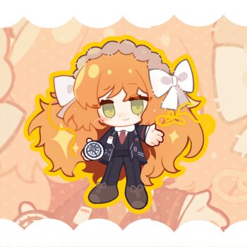 1girl black_jacket black_pants black_vest bow brown_hairband brown_shoes closed_mouth collared_shirt commentary_request compass green_eyes hair_bow hairband highres homura792 ishmael_(project_moon) jacket lapels limbus_company long_hair looking_at_viewer necktie notched_lapels orange_hair pants project_moon red_necktie rope shirt shoes sidelocks smile solo very_long_hair vest white_bow white_shirt