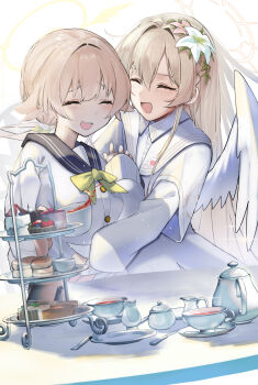 2girls :d ^_^ absurdres black_sailor_collar blue_archive blush braid brown_hair cardigan closed_eyes commentary_request commission couple cowboy_shot crown_braid cup dress eyelashes facing_another feathered_wings flower food fork furrowed_brow hair_between_eyes hair_flower hair_intakes hair_ornament halo happy hifumi_(blue_archive) highres hug koutannkoburia long_hair long_sleeves multiple_girls nagisa_(blue_archive) open_mouth orange_halo pink_flower puffy_long_sleeves puffy_sleeves sailor_collar sandwich school_uniform serafuku sidelocks simple_background sitting skeb_commission sleeves_past_wrists smile sparkle straight_hair sweets table tea teacup teapot teeth upper_body upper_teeth_only very_long_hair white_background white_cardigan white_dress white_flower white_wings wing_hair_ornament wings yellow_halo yuri