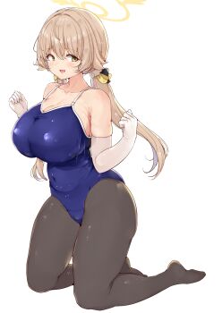 Rule 34 | 1girl, :d, alternate breast size (larger), black pantyhose, blonde hair, blue archive, blue one-piece swimsuit, blush, breasts, brown eyes, brown hair, cleavage, collarbone, commentary request, covered navel, elbow gloves, gloves, hair between eyes, hair ornament, halo, hifumi (blue archive), highres, huge breasts, kneeling, long hair, looking at viewer, one-piece swimsuit, open mouth, pantyhose, pantyhose under swimsuit, school swimsuit, shinonon (iso shino), sidelocks, simple background, smile, solo, swimsuit, twintails, very long hair, white background, white gloves