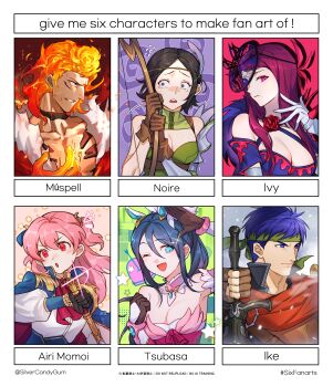 2boys 4girls :o ;d absurdres armpits ascot bare_shoulders black_eyes black_hair blue_eyes blue_hair bow_(weapon) breasts brown_gloves cape character_name cleavage closed_mouth fascinator feather_hair_ornament feathers fiery_hair fingerless_gloves fire fire_emblem fire_emblem:_path_of_radiance fire_emblem_awakening fire_emblem_engage fire_emblem_heroes flaming_hand gloves green_headband hair_between_eyes hair_ornament headband highres holding holding_bow_(weapon) holding_sword holding_weapon ike_(fire_emblem) ivy_(fire_emblem) large_breasts long_hair long_sleeves momoi_airi multiple_boys multiple_drawing_challenge multiple_girls muspell_(fire_emblem) nintendo noire_(fire_emblem) one_eye_closed open_mouth oribe_tsubasa pink_eyes pink_hair project_sekai purple_eyes purple_hair red_ascot relax_teatime_(project_sekai) short_hair silvercandy_gum six_fanarts_challenge smile sword tears tokyo_mirage_sessions_fe twitter_username weapon white_gloves