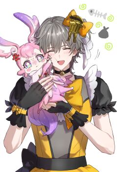 0p78xopwsj83779 1boy absurdres alternate_costume anger_vein animal_ears black_bow black_choker black_gloves blue_eyes blush bow bowtie caelus_(honkai:_star_rail) choker closed_eyes closed_mouth creature crossdressing crossdressing_(mtf) dress earrings fingerless_gloves flower_symbol gem gloves grey_dress grey_hair hair_between_eyes hair_bow hair_ornament hands_up highres holding honkai:_star_rail honkai_(series) jewelry looking_at_viewer lordly_trashcan_(honkai:_star_rail) male_focus mem_(honkai:_star_rail) one_side_up open_mouth orange_bow pink_dress pink_fur puffy_short_sleeves puffy_sleeves red_gemstone short_hair short_sleeves simple_background smile symbol_in_eye tail trailblazer_(honkai:_star_rail) trash_bag trash_can_hair_ornament two-tone_dress white_background yellow_bow yellow_bowtie yellow_dress