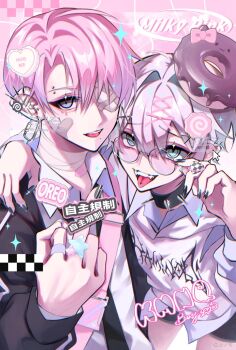 Rule 34 | 2boys, adjusting eyewear, arm on another's shoulder, bandaid, bandaid on face, bandaid on finger, bandaid on hand, black nails, blue eyes, commentary request, donut, ear piercing, eyebrow piercing, eyepatch, face piercing, food, glasses, hair between eyes, hair ornament, hairclip, hand on eyewear, heart, highres, jewelry, kaminoq, looking at viewer, male focus, multiple boys, one eye covered, open mouth, original, piercing, pointy ears, ring, round eyewear, smile, tongue, tongue out, tongue piercing