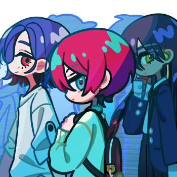 Rule 34 | 1boy, 2girls, amate yuzuriha, aqua eyes, aqua hair, backpack, bag, black hair, blazer, blue hair, colored inner hair, crescent, crescent earrings, earbuds, earphones, earpiece, earrings, from side, gundam, gundam gquuuuuux, highres, holding strap, jacket, jewelry, long hair, looking at viewer, looking to the side, multicolored hair, multiple girls, nyaan (gundam gquuuuuux), o-three, people, pleated skirt, purple jacket, red bag, red eyes, red hair, school uniform, shirt, short hair, shuji ito, skirt, sweater, two-tone hair, wavy hair, white shirt, white sweater, yellow eyes