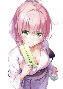 1girl absurdres ahoge alternate_costume alternate_hairstyle bag bagged_fish blush breasts c: cherry_blossom_print cleavage closed_mouth collarbone commentary_request demon_girl demon_tail eyes_visible_through_hair fish floral_print floral_print_kimono green_eyes hair_between_eyes hand_up high_ponytail highres holding holding_tanzaku japanese_clothes kimono lala_satalin_deviluke lita_illust long_hair long_sleeves looking_at_viewer medium_breasts obi peke_(to_love-ru) pink_hair pink_kimono ponytail print_kimono sash simple_background smile solo tail tanabata tanzaku to_love-ru translated white_background wide_sleeves yukata