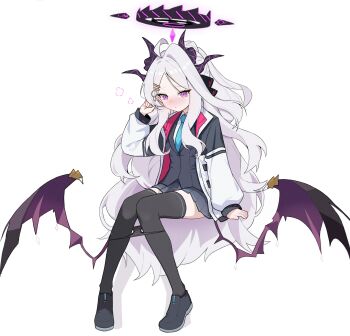 1girl adjusting_hair alternate_costume alternate_hairstyle black_skirt black_thighhighs blue_archive blue_necktie blush bow collared_shirt commentary_request cosplay demon_girl demon_horns demon_wings forehead full_body hair_bow hair_ornament hair_ribbon hairclip halo highres hina_(blue_archive) horns jacket kei_(blue_archive) kei_(blue_archive)_(cosplay) long_hair long_sleeves looking_at_viewer multicolored_jacket necktie open_clothes open_jacket parted_bangs pleated_skirt purple_eyes ribbon school_uniform shirt sidelocks simple_background sitting skirt solo thighhighs two-tone_jacket wavy_hair white_background white_hair wings xingyun_fankic zettai_ryouiki