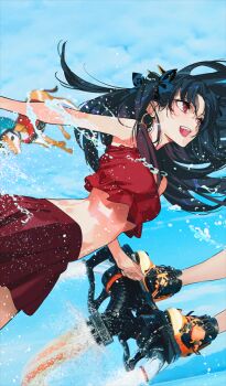 2girls :d animal bare_arms black_bow black_hair blue_background bow breasts commentary_request crop_top deer earrings ereshkigal_(fate) ereshkigal_(over_the_same_sky)_(fate) fate/grand_order fate_(series) floating_hair game_cg hair_bow hoop_earrings ishtar_(fate) ishtar_(over_the_same_sky)_(fate) jewelry long_hair miniskirt morii_shizuki multiple_girls official_art open_mouth photo_background red_eyes red_shirt red_skirt shirt skirt small_breasts smile solo_focus splashing stomach third-party_source two_side_up