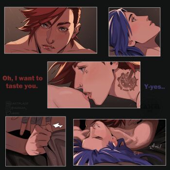 2girls absurdres arcane:_league_of_legends arcane_caitlyn arcane_vi blue_hair blush breasts caitlyn_(league_of_legends) castplace closed_eyes commentary english_text facial_tattoo fingerless_gloves gloves highres league_of_legends licking_lips looking_at_another medium_breasts multiple_girls nipple_stimulation nipples nude parted_lips red_hair saliva saliva_trail short_hair tattoo tongue tongue_out vi_(league_of_legends) yuri