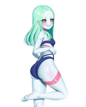 1girl ass ass_focus bikini blue_bikini blush breasts colored_sclera colored_skin cyberpunk:_edgerunners cyberpunk_(series) cyborg eyelashes feet_up female_focus from_behind green_eyes green_hair grey_skin grin leg_tattoo lipstick loli looking_at_viewer looking_back makeup matching_hair/eyes nagamma purple_lips rebecca_(cyberpunk) red_sclera simple_background small_breasts smile solo standing standing_on_one_leg swimsuit tattoo teeth toes white_background