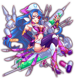 adapted_costume alternate_costume anime_coloring artist_request bandaid blue_eyes blue_hair blue_pupils bottle bra breasts capsule choker closed_mouth collar collared_jacket crash_fever cropped_jacket cross cross_print crossed_legs earrings elbow_gloves eyepatch fingernails floating floating_object full_body game_cg gloves green_liquid hair_intakes hand_on_own_hip hannah_(crash_fever) hat high_heels holding holding_syringe jacket jar jewelry lace lace-trimmed_bra lace-trimmed_thighhighs lace_trim large_breasts lingerie lips long_fingernails medical_eyepatch microskirt midriff mole mole_under_eye nail_polish narrow_waist navel number_print numbered nurse nurse_cap official_alternate_costume official_art outline oversized_object parted_bangs pill pink_choker pink_garter_straps pink_socks pink_wrist_cuffs print_eyepatch print_headwear purple_bra purple_footwear purple_gloves purple_thighhighs red_nails red_outline scalpel shirt side_slit skinny skirt socks solo square square_print strappy_heels surgical_scissors syringe tachi-e teeth thighhighs third-party_source transparent_background triangle_earrings underwear wavy_hair white_collar white_hat white_jacket white_shirt wrist_cuffs
