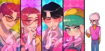 5boys abby_(kpop_demon_hunters) absurdres aery_orange aqua_eyes aqua_hair baby_(kpop_demon_hunters) black_hair blunt_bangs bracelet candy commentary earrings food hair_over_eyes heart heart-shaped_eyewear highres jewelry jinu_(kpop_demon_hunters) kpop_demon_hunters lollipop looking_at_viewer male_focus medium_hair multiple_boys mystery_(kpop_demon_hunters) pink_hair ring romance_(kpop_demon_hunters) round_eyewear short_hair sleeveless sleeveless_sweater smile sunglasses sweater thumbs_up twitter_username