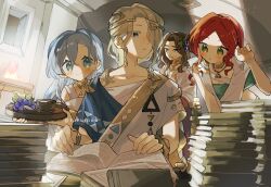 Rule 34 | 210 (reverse:1999), 2boys, 2girls, 37 (reverse:1999), 6 (reverse:1999), :d, ancient greek clothes, blonde hair, blue eyes, blue hair, book, book stack, bowl, brown hair, facing viewer, food, food-themed hair ornament, fruit, gold choker, grape hair ornament, grapes, greco-roman clothes, green eyes, hair between eyes, hair ornament, hair over one eye, hand up, holding, holding tray, indoors, kobayashi keyaki, long hair, looking at another, looking down, looking to the side, medium hair, multiple boys, multiple girls, one eye covered, open book, open mouth, reading, red eyes, reverse:1999, smile, sophia (reverse:1999), spoon, sunlight, tray, upper body