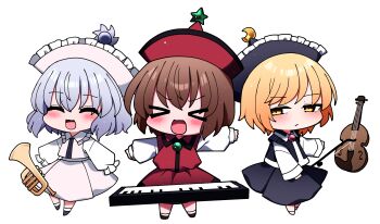 &gt;_&lt; 3girls absurdres black_dress black_hat black_shoes blonde_hair blush brown_hair chibi chibi_only closed_mouth dress hat highres instrument keyboard_(instrument) lunasa_prismriver lyrica_prismriver merlin_prismriver multiple_girls open_mouth pink_dress pink_hat purple_hair red_dress red_hat shoes short_hair smile touhou trumpet violin yellow_eyes you_(noanoamoemoe)