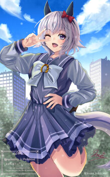 1girl animal_ears blue_sky blush bow bowtie breasts building cloud commentary_request curren_chan_(umamusume) day ear_bow ear_covers grey_hair hair_between_eyes highres horse_ears horse_girl horse_tail long_sleeves looking_at_viewer one_eye_closed open_mouth outdoors purple_eyes purple_sailor_collar purple_serafuku purple_shirt purple_skirt red_bow sailor_collar sailor_shirt school_uniform serafuku shirt short_hair skirt sky smile solo tail tracen_school_uniform tree umamusume v white_bow white_bowtie yumibakama_meme