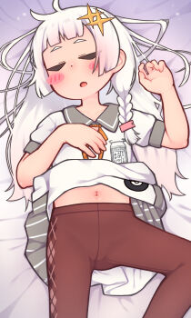 1girl blush blush_stickers braid closed_eyes clothes_lift commentary_request crotch_seam dress dress_lift hair_ornament hand_up highres kizuna_akari loli long_hair lying miriota navel on_back open_mouth pantyhose puffy_short_sleeves puffy_sleeves red_pantyhose short_sleeves side_braid single_braid sleeping solo star_(symbol) star_hair_ornament voiceroid white_dress white_hair