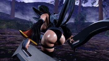 1girl 3d apron ass ass_focus black_leotard breasts butt_crack curvy forest highleg highleg_leotard highres huge_ass iroha_(samurai_spirits) large_breasts leotard maid nature outdoors ryona samurai_spirits shade shiny_skin short_hair sideboob skindentation solo thighhighs third-party_edit thong_leotard white_apron wide_hips