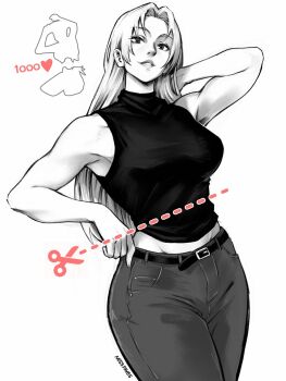 Rule 34 | 1girl, artist name, belt, bisected, breasts, commentary, cowboy shot, cut-here line, denim, dotted line, english commentary, greyscale, hand in own hair, highres, jeans, jujutsu kaisen, large breasts, long hair, miss faves, monochrome, pants, parted lips, sleeveless, sleeveless turtleneck, smile, solo, spoilers, toned, toned female, tsukumo yuki (jujutsu kaisen), turtleneck, twitter cutting game, twitter strip game