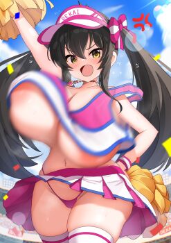 Rule 34 | 1girl, absurdres, alternate breast size (larger), anger vein, areola slip, arm up, black hair, bouncing breasts, bow, breasts, cheerleader, clothes lift, cloud, cloudy sky, commentary request, confetti, crop top, cropped shirt, hair bow, hand on own hip, heart, heart necklace, highres, holding, holding pom poms, huge breasts, idolmaster, idolmaster cinderella girls, jewelry, long hair, looking at viewer, matoba risa, miniskirt, motion blur, navel, necklace, open mouth, oppai loli, outdoors, panties, pink bow, pink panties, pink shirt, pink skirt, pleated skirt, pom pom (cheerleading), pom poms, satoyama meu, shirt, sidelocks, skirt, skirt lift, sky, sleeveless, sleeveless shirt, solo, thighhighs, twintails, two-tone shirt, two-tone skirt, two-tone wristband, underwear, visor cap, white shirt, white skirt, white thighhighs, yellow eyes