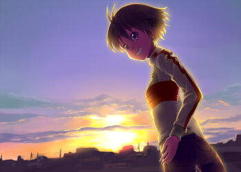 Rule 34 | 1girl, female focus, grin, hoshi sukii, idolmaster, idolmaster (classic), jacket, kikuchi makoto, looking back, purple eyes, short hair, smile, solo, sunset